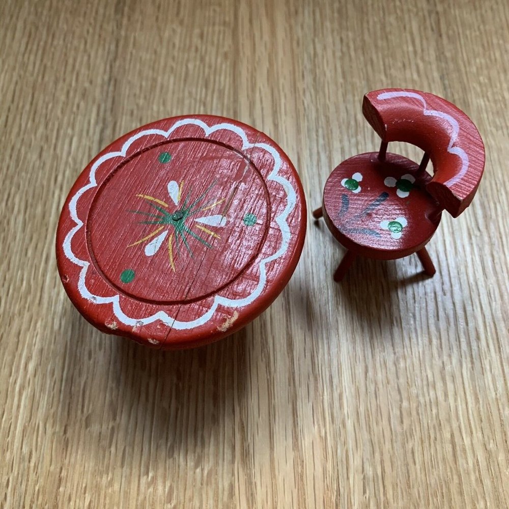 Vintage Dollhouse Table Lundby? Red Floral Wooden 1970s w/ Chair Miniature READ